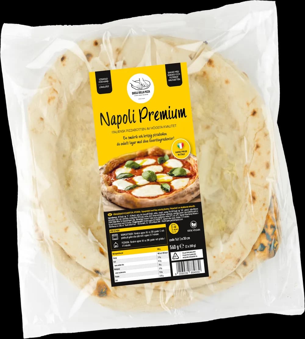 Påsen med Napoli Premium: två pizzabottnar och en gul etikett