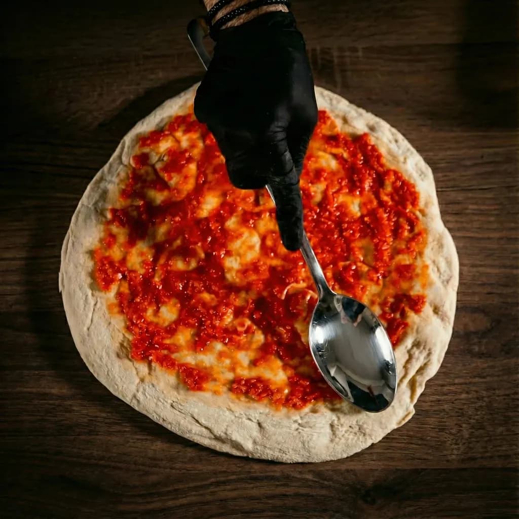 Tomatsås bres ut på bottnen med en sked